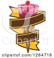 Clipart Of A Pink Waffle Ice Cream Cone In A Yellow Ribbon Banner Royalty Free Vector Illustration