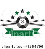 Billiards Pool Eightball Over Crossed Cue Sticks With Stars And A Blank Green Ribbon Banner