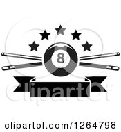 Poster, Art Print Of Black And White Billiards Pool Eightball Over Crossed Cue Sticks With Stars And A Blank Ribbon Banner