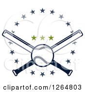 Poster, Art Print Of Navy Blue Baseball Over Crossed Bats In A Star Circle With Three Green Stars