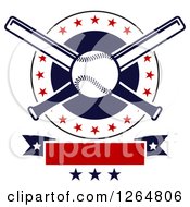 Clipart Of A Baseball And Crossed Bats In A Circle With Stars Above A Red Banner Royalty Free Vector Illustration