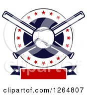 Clipart Of A Baseball And Crossed Bats In A Circle With Stars Above A Blank Red Banner Royalty Free Vector Illustration