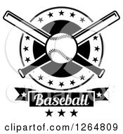 Clipart Of A Black And White Baseball And Crossed Bats In A Circle With Stars Above A Text Banner Royalty Free Vector Illustration
