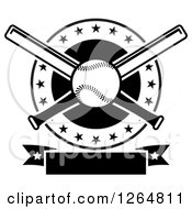 Clipart Of A Black And White Baseball And Crossed Bats In A Circle With Stars Above A Blank Banner Royalty Free Vector Illustration