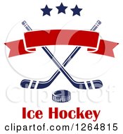 Clipart Of A Hockey Puck Over Crossed Sticks With A Red Ribbon Banner And Stars Above Text Royalty Free Vector Illustration