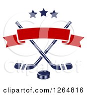 Clipart Of A Hockey Puck Over Crossed Sticks With A Red Ribbon Banner And Stars Royalty Free Vector Illustration