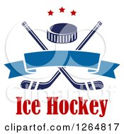 Poster, Art Print Of Hockey Puck Over Crossed Sticks With A Blue Ribbon Banner And Stars Above Text
