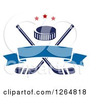 Poster, Art Print Of Hockey Puck Over Crossed Sticks With A Blue Ribbon Banner And Stars
