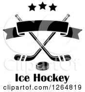 Poster, Art Print Of Black And White Hockey Puck Over Crossed Sticks With A Ribbon Banner Stars And Text