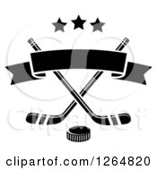 Clipart Of A Black And White Hockey Puck Over Crossed Sticks With A Ribbon Banner And Stars Royalty Free Vector Illustration