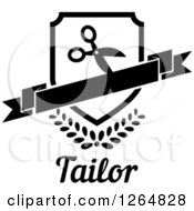 Clipart Of A Black And White Shield With Scissors And A Banner Over Leaves And Tailor Text Royalty Free Vector Illustration