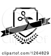 Clipart Of A Black And White Shield With Scissors And A Banner Over Leaves Royalty Free Vector Illustration