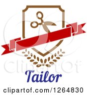 Poster, Art Print Of Shield With Scissors And A Banner Over Leaves And Tailor Text