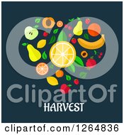 Clipart Of A Heart Made Of Fruit Over Harvest Text On Blue Royalty Free Vector Illustration