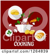 Poster, Art Print Of Pot And Food With Cooking Text On Red