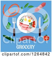 Poster, Art Print Of Plate And Food Over Grocery Text On Blue