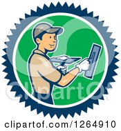 Poster, Art Print Of Cartoon White Male Plasterer In A Blue White And Green Circle
