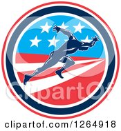 Retro Male Runner Sprinting In An American Flag Circle