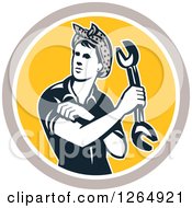 Poster, Art Print Of Retro Female Mechanic Holding A Wrench And Rolling Up Her Sleeves In A Taupe White And Yellow Circle