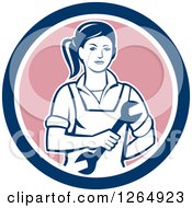 Poster, Art Print Of Retro Female Mechanic Holding A Wrench In A Blue White And Pink Circle