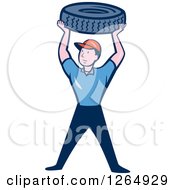 Poster, Art Print Of Cartoon Male Mechanic Worker Holding Up A Tire
