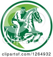 Poster, Art Print Of Retro Horseback Jockey In A Green And White Circle