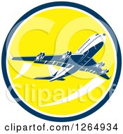 Poster, Art Print Of Flying Airplane Inside A Yellow Blue And White Circle