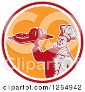 Retro Woodcut Male Chef Holding Gelatin Or Cake On A Platter In A Gray Red White And Orange Circle