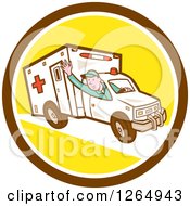 Poster, Art Print Of Retro Cartoon Ambulance Driver Waving In A Brown White And Yellow Circle