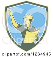 Retro Female Construction Worker Engineer In A Yellow Green White And Blue Shield
