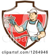 Poster, Art Print Of Cartoon Male Painter Using A Spray Gun In A Brown White And Red Shield