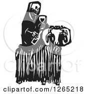 Poster, Art Print Of Black And White Woodcut Skeleton Of Death Holding Wine And Sitting On A Ram