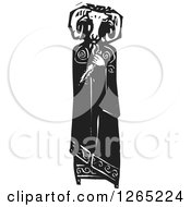 Clipart Of A Black And White Woodcut Satanic Priest Holding A Knife And Wearing A Ram Mask Royalty Free Vector Illustration