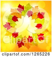 Poster, Art Print Of Round Frame Of Autumn Leaves Over Yellow With Flares
