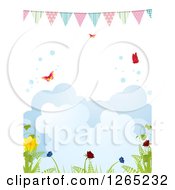 Spring Bunting Banner Over Butterflies Bubbles Clouds And Plants
