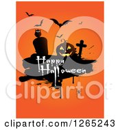 Poster, Art Print Of Vampire Bats An Owl Spider Tombstones And Jackolantern With Happy Halloween Text Over Orange