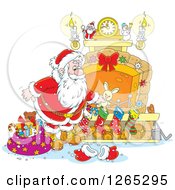 Poster, Art Print Of Santa Stuffing Christmas Stockings At A Fireplace