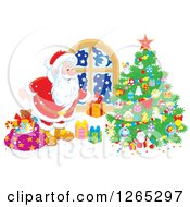 Poster, Art Print Of Santa Claus Putting Christmas Gifts Around A Tree