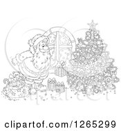 Poster, Art Print Of Black And White Santa Putting Christmas Gifts Around A Tree