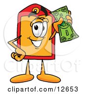 Clipart Picture Of A Price Tag Mascot Cartoon Character Holding A Dollar Bill