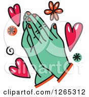 Doodled Praying Hands With Hearts And Flowers
