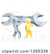 Clipart Of 3d Silver And Gold Men Carrying A Giant Adjustable Wrench Royalty Free Vector Illustration