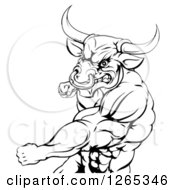 Clipart Of A Black And White Muscular Bull Or Minotaur Man Mascot Punching Royalty Free Vector Illustration