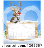 Poster, Art Print Of Happy Red Nosed Rudolph Reindeer Over A Winter Sign