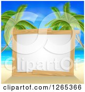 Blank Wood Framed Sign On A Tropical Beach With Palm Trees