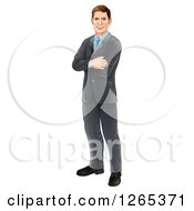 Clipart Of A Happy Brunette Caucasian Professional Businessman Standing With Folded Arms Royalty Free Vector Illustration