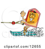 Clipart Picture Of A Price Tag Mascot Cartoon Character Waving While Water Skiing