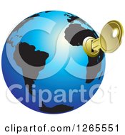 Poster, Art Print Of Blue And Black Globe With A Key Inserted Into Africa