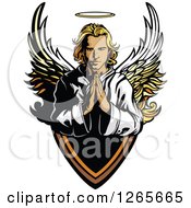 Blond Caucasian Male Angel Praying Over A Shield