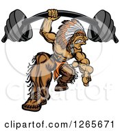 Poster, Art Print Of Muscular Strong Native American Indian Man Lifrting A Heavy Barbell One Handed